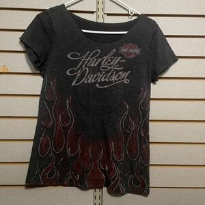 Womens Harley Davidson Flames T Shirt Gray Short Sleeve Graphic Tee Small
